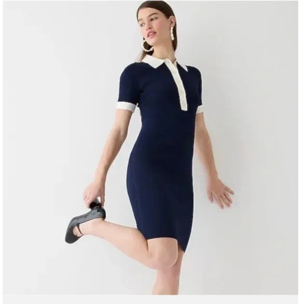 J.Crew Women's Short-Sleeve Contrast-Trim Sweater-Dress Ribbed Navy Blue- XL